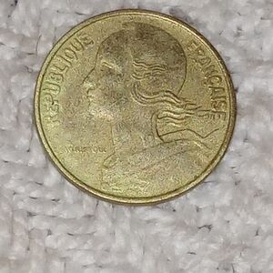 Antique Vintage 1973 France Gold Color 10 Centimes Coin with Profile Design
